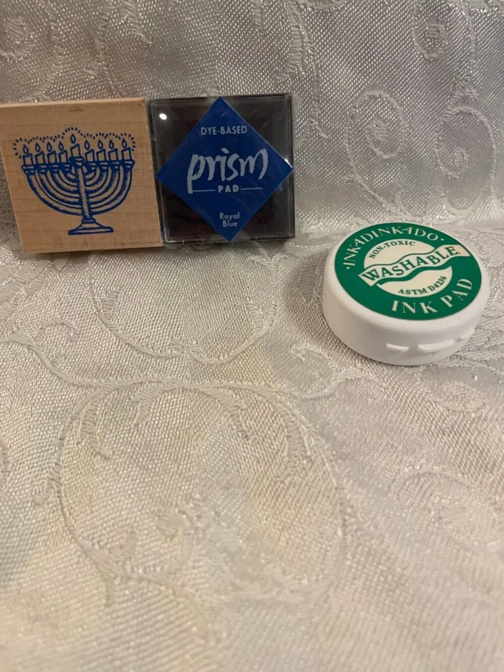 1996 Rubber Stampede Menorah Stamp with Wood Top  Royal Blue Prism Ink Pad Set